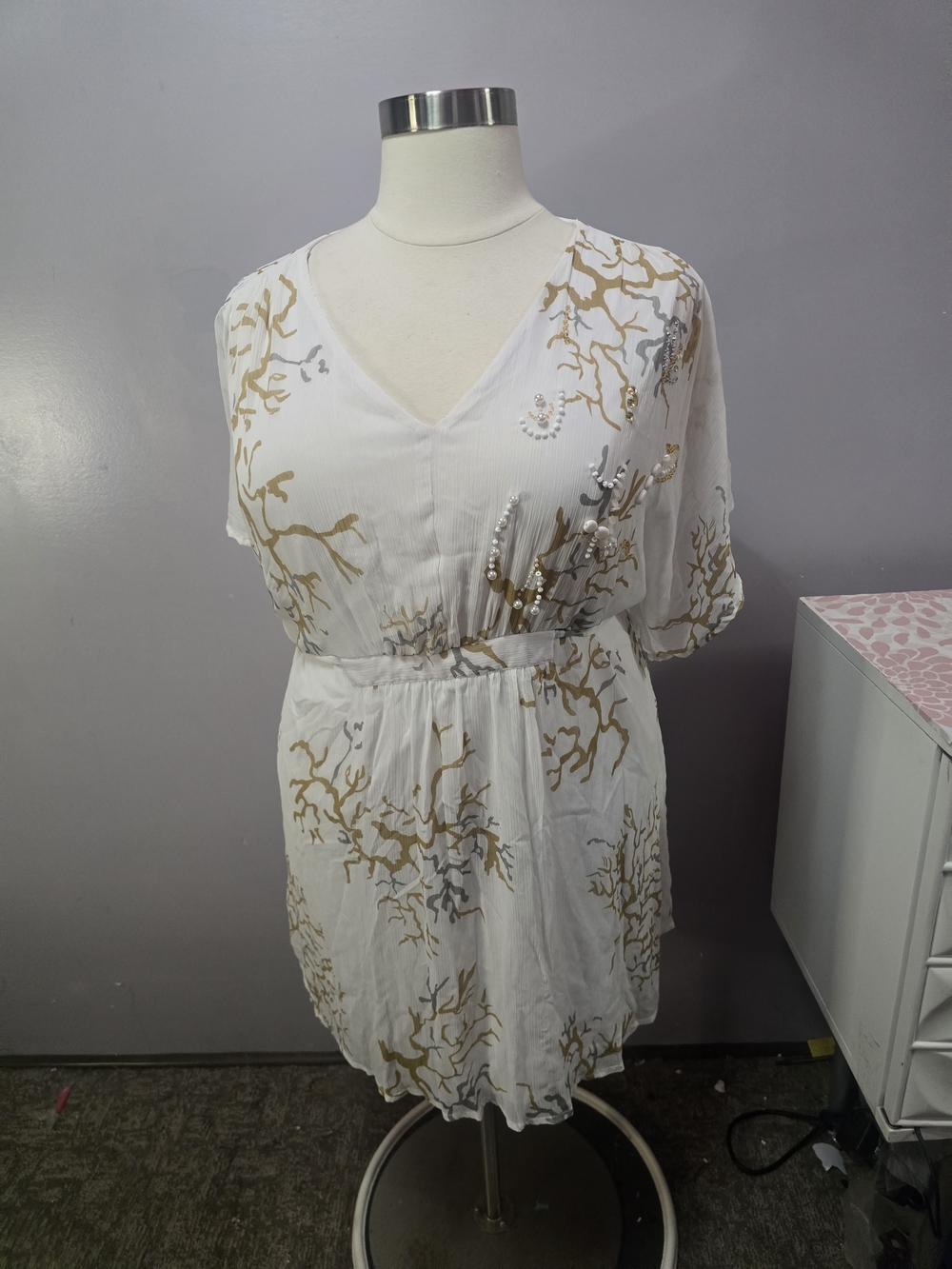 White V-Neck Sheer Tunic with Gold Coral Print